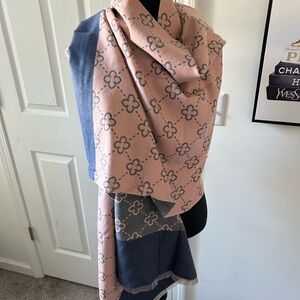 Floral Patterned Pink and Blue Scarf Reversible